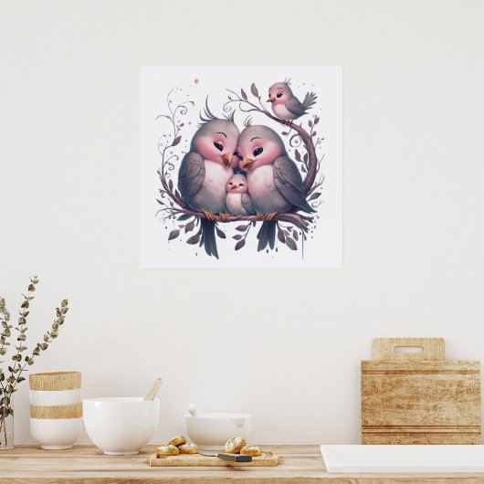 Waterverf vogelfamilie met kinder#5 poster (Keuken)