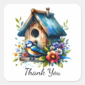 Waterverf Vogelhuis en Vogel Dank u Vierkante Sticker (Voorkant)