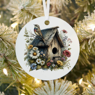 Waterverf Vogelhuis Gepersonaliseerde Kerst Metalen Ornament