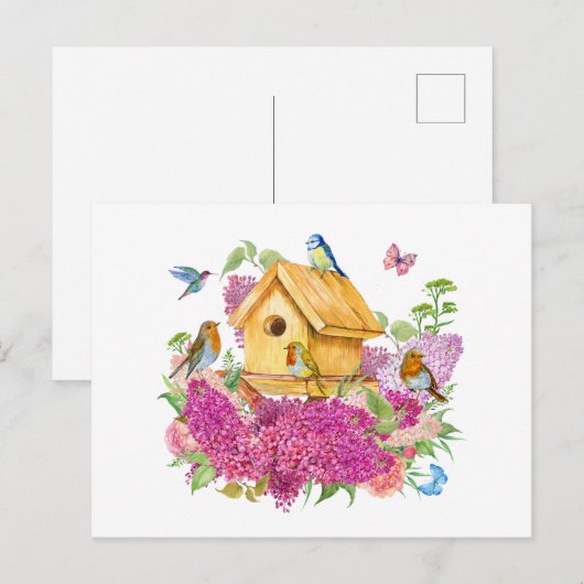 Waterverf Vogelhuis, Vogels en Lila Bloemen Briefkaart (Voorkant / Achterkant)