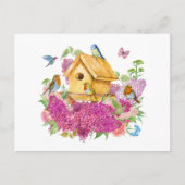 Waterverf Vogelhuis, Vogels en Lila Bloemen Briefkaart (Voorkant)