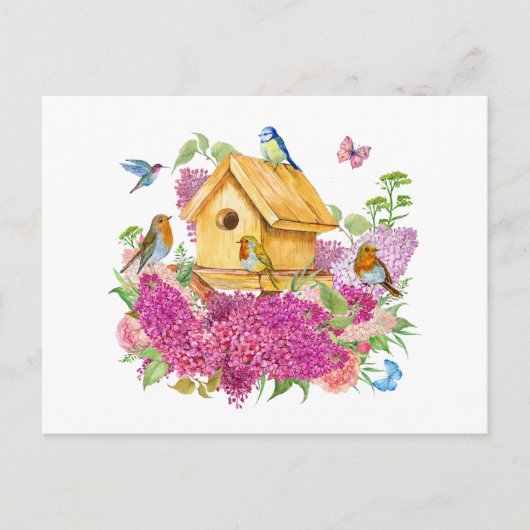 Waterverf Vogelhuis, Vogels en Lila Bloemen Briefkaart (Voorkant)