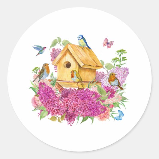 Waterverf Vogelhuis, Vogels en Lila Bloemen Ronde Sticker (Voorkant)