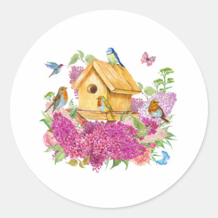Waterverf Vogelhuis, Vogels en Lila Bloemen Ronde Sticker