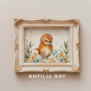 Waterverf Vogelillustratie Rustiek Bloemenveld Poster