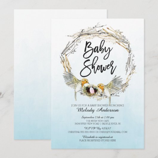 Waterverf Vogelnest Meisjes Baby shower Invite Kaart (Voorkant / Achterkant)