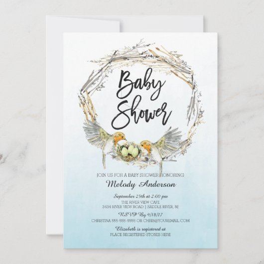 Waterverf Vogelnest Triplets Baby shower Invite Kaart (Voorkant)