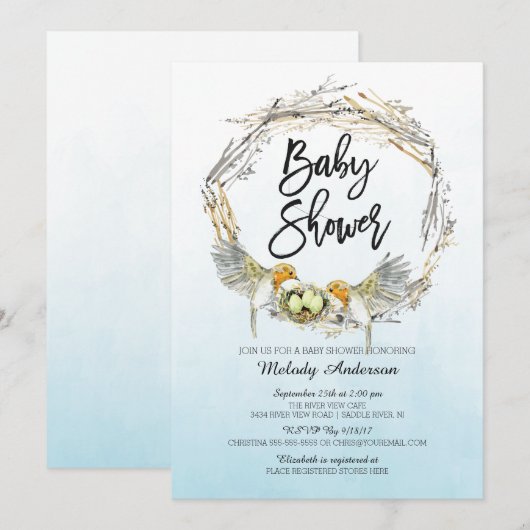 Waterverf Vogelnest Triplets Baby shower Invite Kaart (Voorkant / Achterkant)