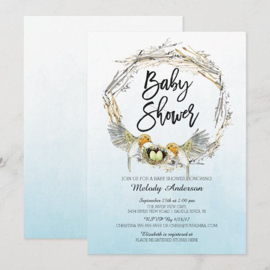 Waterverf Vogelnesttweeling Baby shower uitnodigen Kaart (Voorkant / Achterkant)