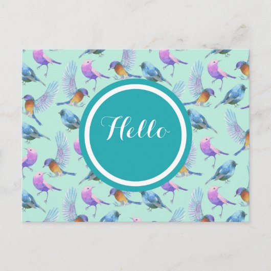 Waterverf Vogelpatroon in Roze en Blauw Briefkaart (Voorkant)