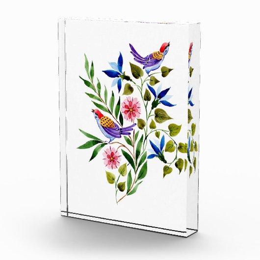 Waterverf vogelroze en blauwe bloemen fotoblokken (Rechts)