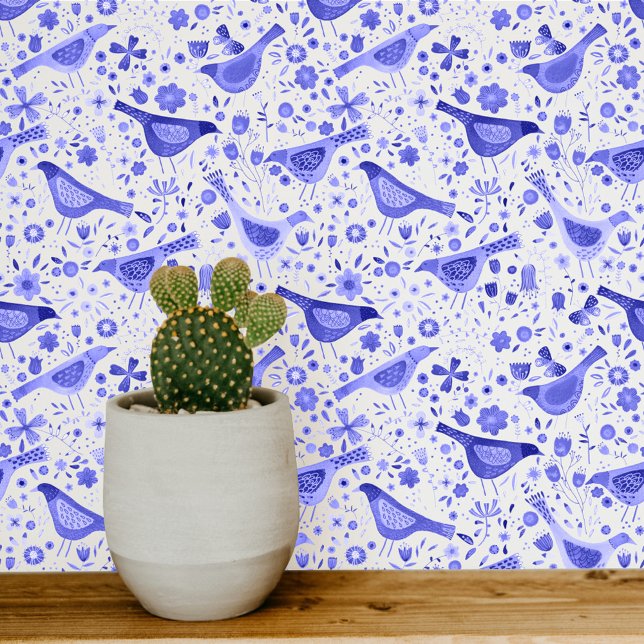 Waterverf Vogels Blauw en Wit Bloemen Behang (Blue and white watercolor bird art wallpaper)
