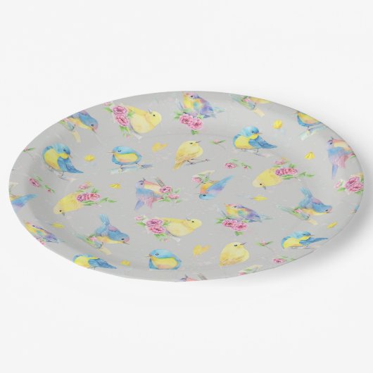 Waterverf Vogels en Bloemen Bedel Patroon Papieren Bordje (Gekanteld)