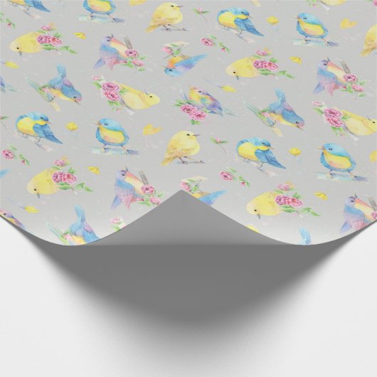 Waterverf Vogels en Bloemen Naadloos Patroon Cadeaupapier (Hoek)
