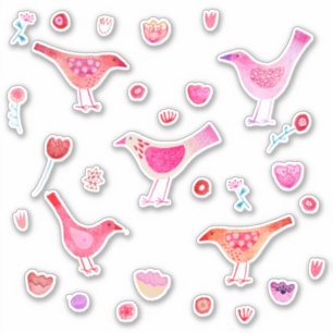 Waterverf vogels en bloemen Roze Sticker