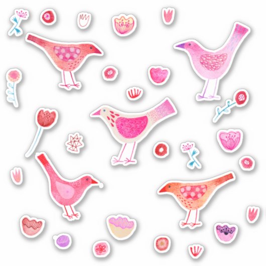 Waterverf vogels en bloemen Roze Sticker (Voorkant)