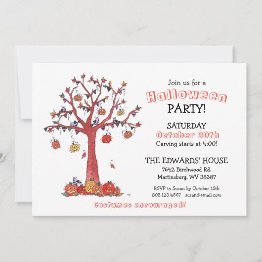 Waterverf vogels en pompoenbomen Partij Halloween Kaart (Voorkant)