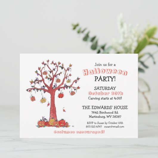 Waterverf vogels en pompoenbomen Partij Halloween Kaart (Staand voorkant)