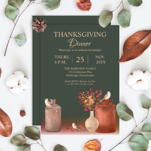 Waterverf vogels | Eucalyptus Thanksgiving Dinner Kaart