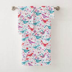 Waterverf vogels in een tuin Blauwgroen roze Bad Handdoek