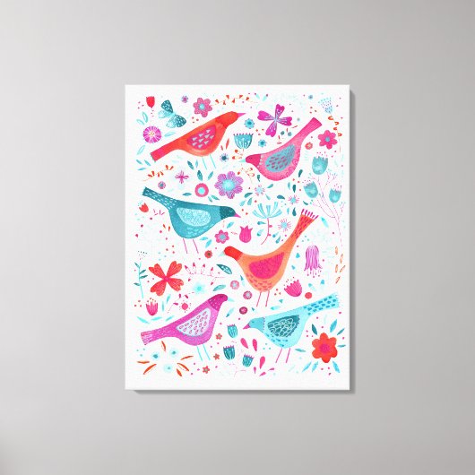 Waterverf vogels in een tuin van bloemen canvas afdruk (Voorkant)