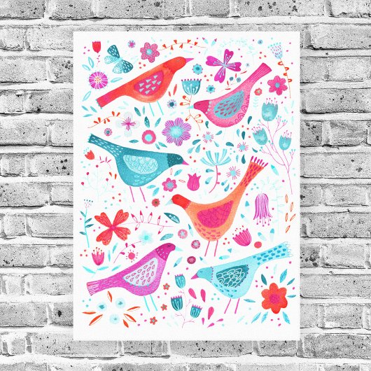 Waterverf vogels in een tuin van bloemen canvas afdruk