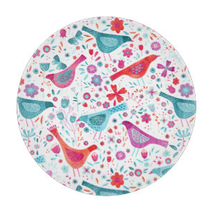 Waterverf vogels in een tuin van bloemen snijplank