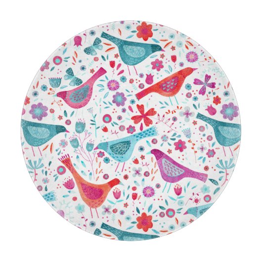 Waterverf vogels in een tuin van bloemen snijplank (Voorkant)