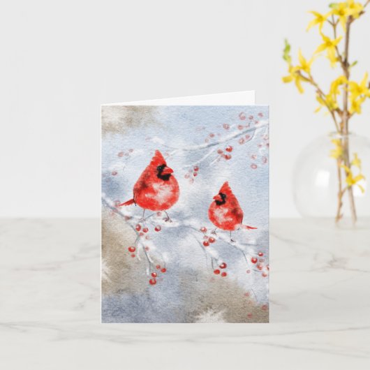 Waterverf Vogels Kerst Kaart - Elegante Vakantie (Gele Bloem)