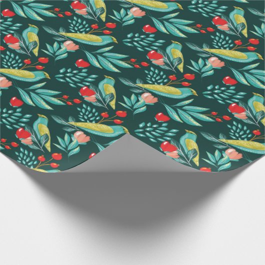 Waterverf vogels, kruidenierswaren en groene kerst cadeaupapier (Hoek)