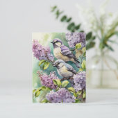 Waterverf Vogels met Bloeiende Lila Bloemen Briefkaart (Staand voorkant)