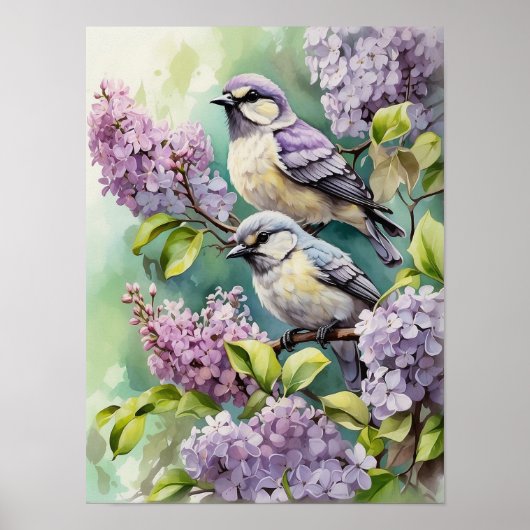 Waterverf Vogels met Bloeiende Lila Bloemen Poster (Voorkant)