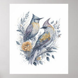 Waterverf Vogels op Flower Branch Poster