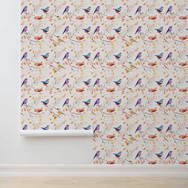 Waterverf vogels op vertakking patroon behang (Applicatie)