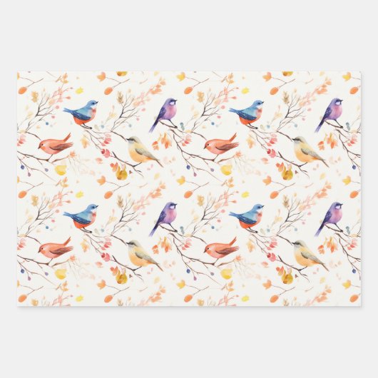 Waterverf vogels op vertakking patroon inpakpapier vel (Voorkant 3)