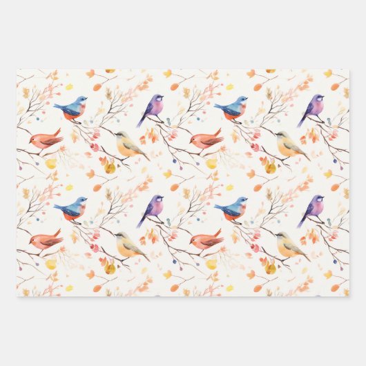 Waterverf vogels op vertakking patroon inpakpapier vel (Voorkant 2)