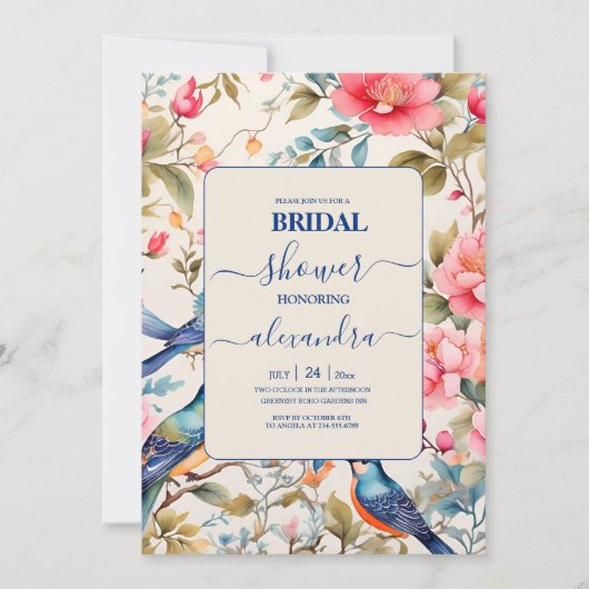 Waterverf Vogels Pioen Chinoiserie Tuin Bridal Kaart (Voorkant)