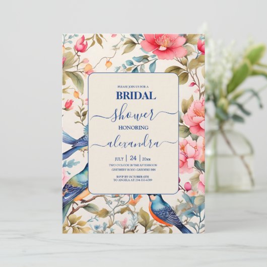 Waterverf Vogels Pioen Chinoiserie Tuin Bridal Kaart (Staand voorkant)