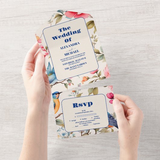 Waterverf Vogels Pioen Chinoiserie Tuin Bruiloft All In One Uitnodiging (Afscheurbaar)