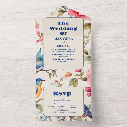 Waterverf Vogels Pioen Chinoiserie Tuin Bruiloft All In One Uitnodiging (Binnen)