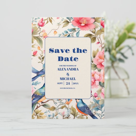 Waterverf Vogels Pioen Chinoiserie Tuin Bruiloft Save The Date (Staand voorkant)