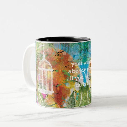 Waterverf vogels schilderen met geperzonaliseerd c tweekleurige koffiemok (Voorkant links)