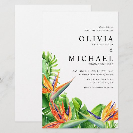 Waterverf Vogels van het Paradijs Huwelijksuitnodi (Voorkant / Achterkant)