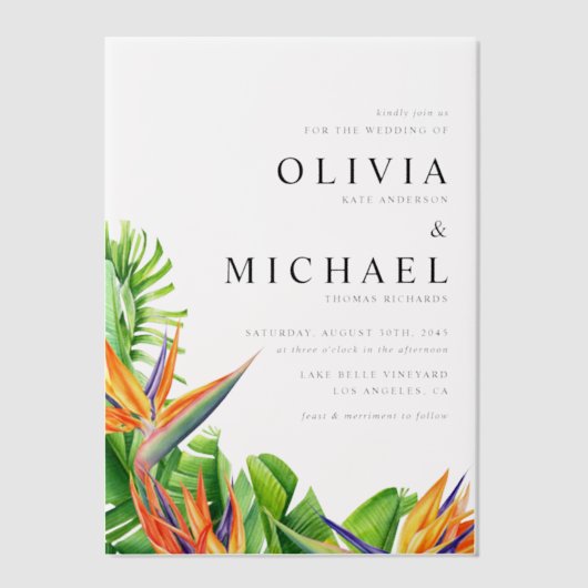 Waterverf Vogels van het Paradijs Tropische Bruilo Vellum Uitnodigingen (Voorkant)