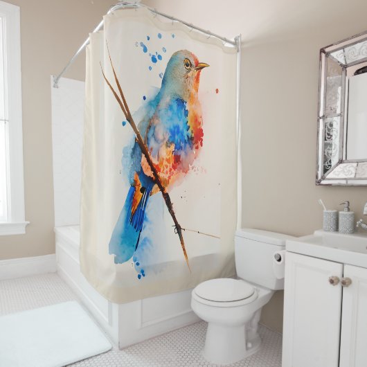 Waterverf vogelschilderende canvas Wall Art Blue B Douchegordijn (In situ)