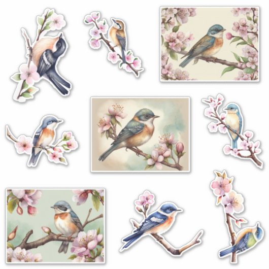 Waterverf vogeltjes op bloesemtak sticker (Voorkant)