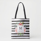 Waterverf volken met zwarte strepen en monogram tote bag (Voorkant)