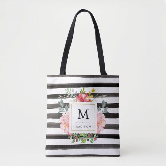 Waterverf volken met zwarte strepen en monogram tote bag (Voorkant)