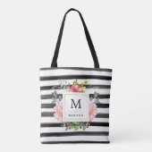Waterverf volken met zwarte strepen en monogram tote bag (Achterkant)