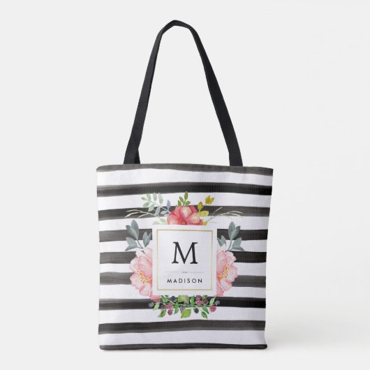Waterverf volken met zwarte strepen en monogram tote bag (Achterkant)